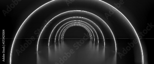 Realistic abstract black room with white neon arches. Vector illustration of dark corridor or stage perspective decorated with led line illumination for concert, fashion show. Futuristic space gate