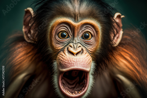 Chimpanzee expresses emotions Funny monkey with an open mouth. Comedy Wildlife background. Generative AI © Katynn