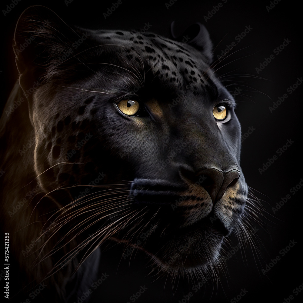 Stunning image captures the black coguar in intricate detail, set against a clean black backdrop. Ideal for nature, and animal-themed projects. Created with generative AI