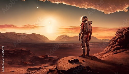 Foto An astronaut standing on the surface of Mars generative ai