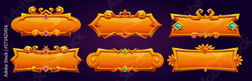Golden medieval game asset button isolated. Cartoon vector badge ui fantasy design. Metal rectangle title bar, border set with gem png. Vintage royal label for rank in app. Blank horizontal text panel