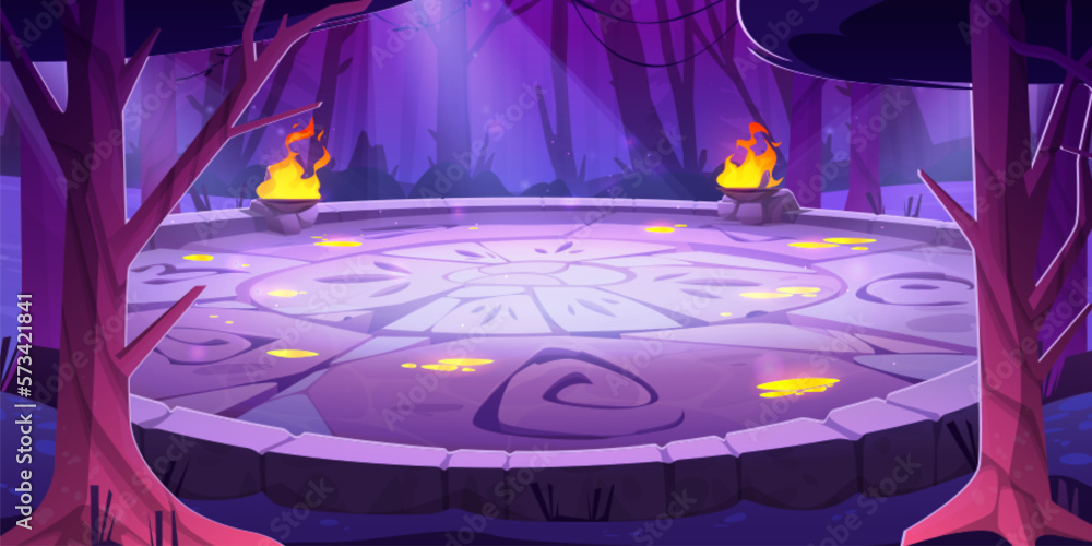 Obraz premium Stone battle arena with runes at night in magic dark forest cartoon background. Vector illustration with fantasy aztec universe with druid temple. Maya altar podium portal for arcade game.