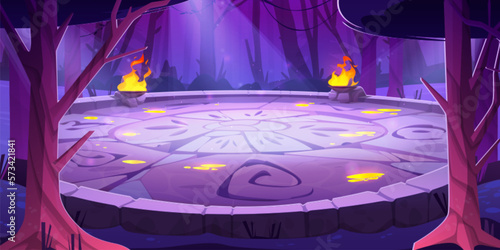 Stone battle arena with runes at night in magic dark forest cartoon background. Vector illustration with fantasy aztec universe with druid temple. Maya altar podium portal for arcade game.
