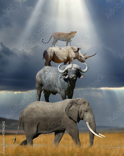 Fours africans animal on top of each other elephant, buffalo, rhino and leopard in savannah on sun ray background © byrdyak