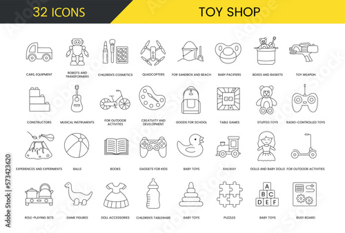 Set of kids toys line icons in vector, cars and equipment, robot and transformer, children cosmetic and quadcopter, for sandbox and beach, for outdoor activities, constructor and toy weapon