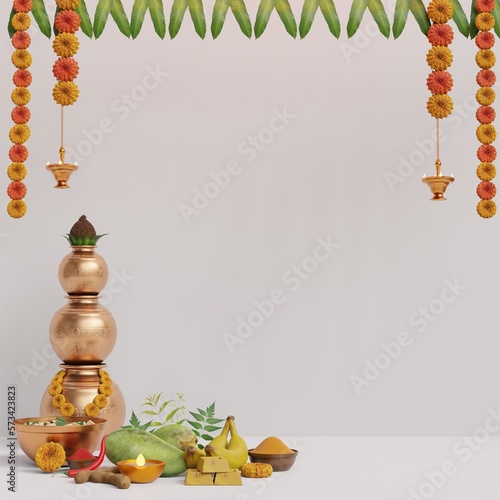 3d render ugadi, Kalash and traditional food, new year festival for Andhra Pradesh, Telangana, and Karnataka(Gudi Padwa, Yugadi) in white Background photo
