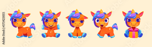 Cartoon set of cute unicorn isolated on background. Vector illustration of magic pony character with horn, colorful mane and different emotions. Sweet animal happy, smiling, sad, surprised by gift box
