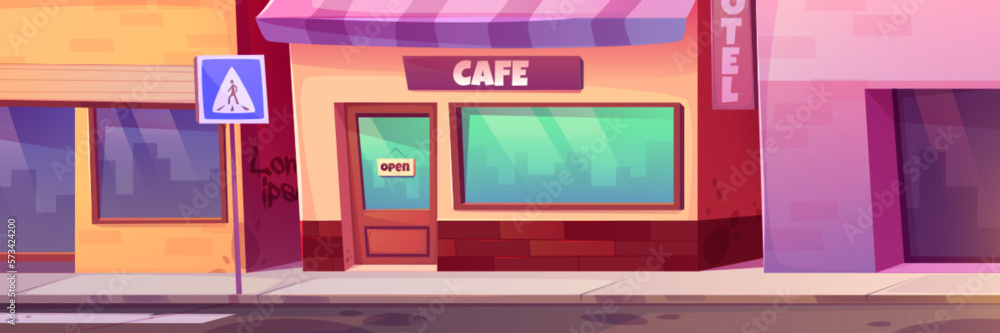Fototapeta premium Modern cafe facade with large window and open sign on door. Vector cartoon illustration of urban neighborhood exterior, shop and hotel buildings, empty city street with road crossing, graffiti on wall