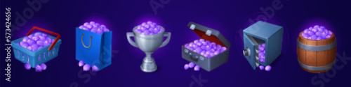 Cartoon set of game treasure icons isolated on background. Vector illustration of shopping basket and bag, winner cup, suitcase, safe, wooden barrel full of magic amethyst crystals. Trophy gemstones