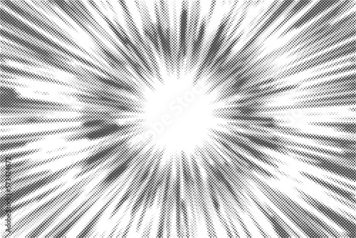 Radial halftone lines background. Comic manga dotted pattern. Cartoon zoom effect with sunrays or bang burst. Vector.