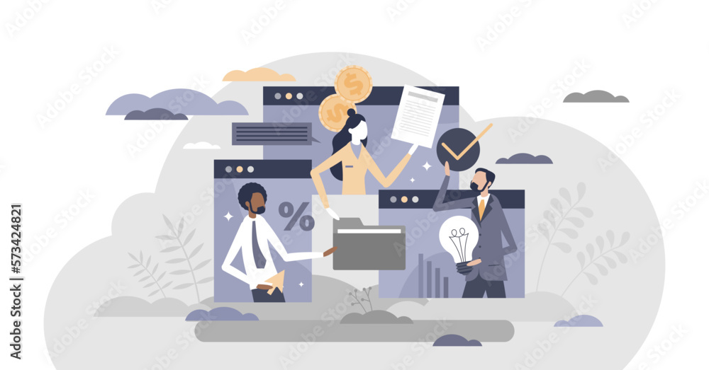 Remote work with distant connection for teamwork project tiny person concept, transparent background. User online data sharing, presentation with video call or group chat. - obrazy, fototapety, plakaty 