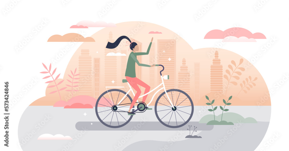 Girl riding bike as urban cycling transportation scene tiny person concept, transparent background. Female on bicycle as healthy outdoors activity with street ride illustration.