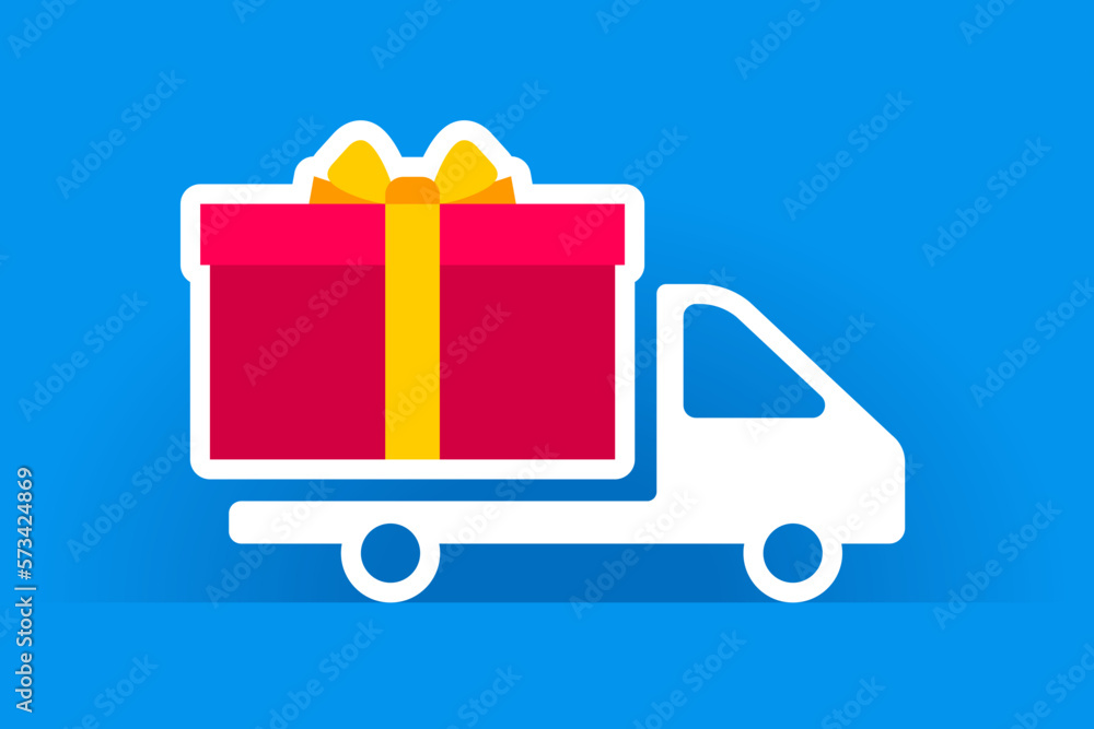White truck icon and big gift box instead of bodywork White truck icon and big gift box instead of bodywork