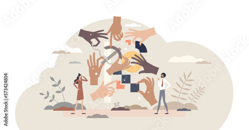 Teamwork hands as work collaboration and partnership tiny person concept, transparent background.Team work together with many partners for effective performance illustration.