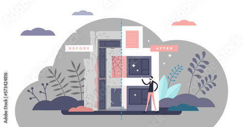 Flipping houses concept, flat tiny person illustration, transparent background. Renovating apartment or dwelling house buildings. Housing industry investment strategy.