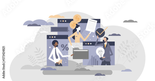 Remote work with distant connection for teamwork project tiny person concept, transparent background. User online data sharing, presentation with video call or group chat.