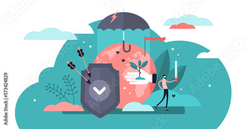 Protect illustration, transparent background. Flat tiny symbolic safe shield persons concept. Global earth environment security, guard and insurance for resources control.