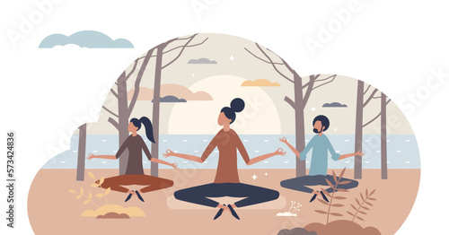 Serene people and calm meditation as peace lifestyle tiny person concept, transparent background. Psychological and mental retreat, treatment or healing with mind control.