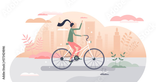 Girl riding bike as urban cycling transportation scene tiny person concept, transparent background. Female on bicycle as healthy outdoors activity with street ride illustration.
