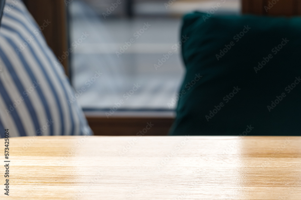Empty Kitchen, cafe, restaurant background. Wooden table top on blurred interior window background. Display, template for advertising, presentation, montage products. Empty Kitchen, cafe, restaurant background. Wooden table top on blurred interior window background. Display, template for advertising, presentation, montage products.