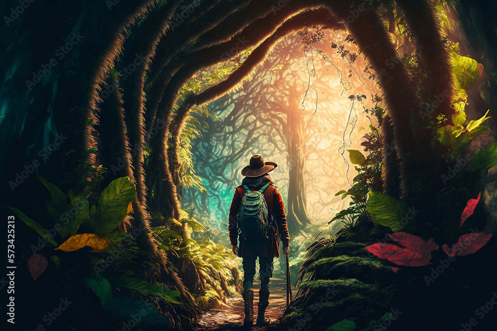 Obraz premium A Solitary Trek: Discovering the Forest Alone, generative ai