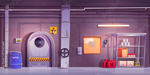 Underground bunker interior design. Vector cartoon illustration of shelter room with radiation hazard sign, gas mask on congrete wall, metal door, shelves with water, canned food and equipment stock