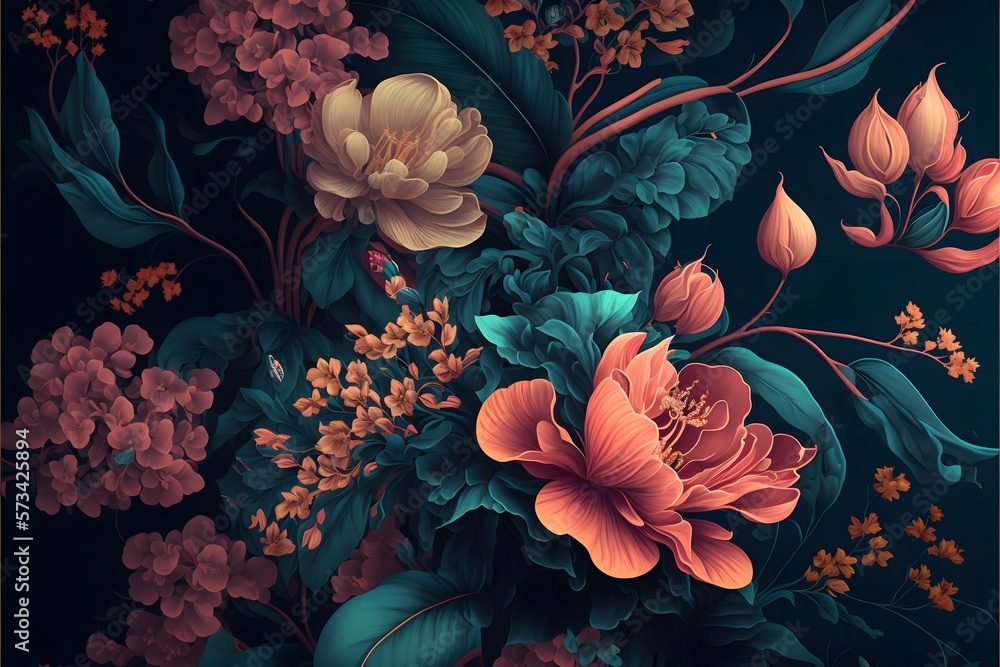 Dark floral background wallpaper design with multicolor flowers and leaves  Stock Illustration