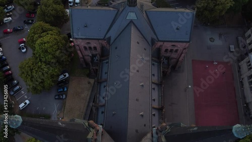 flight from above view down flying between the spiers clearly visible silhouette of the cross photo