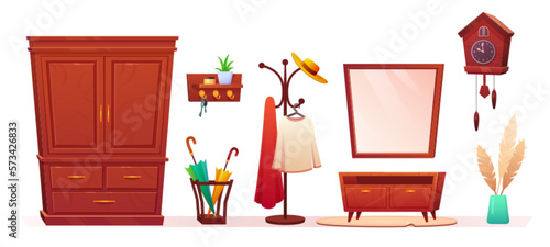Home hallway interior vector isolated furniture set. Hook in apartment with clothes, umbrella storage and big closet for coat clipart collection to construct modern hall room in flat with shelf.