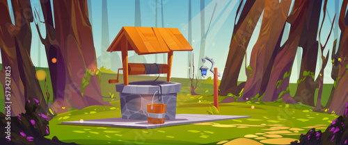 Cartoon medieval well with roof in deep forest game background. Summer scene illustration in trees with fount of drinking water. Outside fairytale landscape with bucket and vintage lantern.