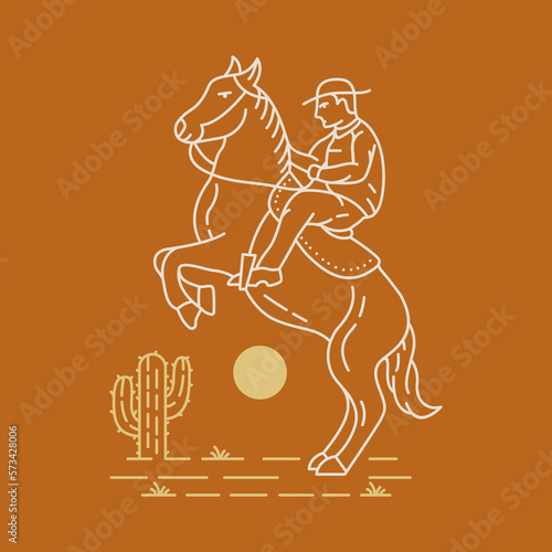 Cowboy Riding Horse in Desert Cactus Tree