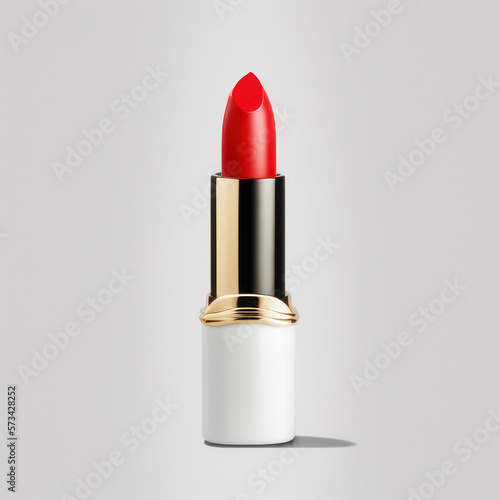 Red lipstick in luxury packaging white with gold on a white background. Makeup attribute, beauty product. AI generative content