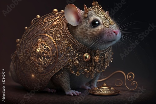 Golden Accents and Hyperornate Details: Canon EOS 5D Mark Captures a Mouse in a Business Suit at a Financial Institution in 5 Hi-Res Photos, generative AI photo