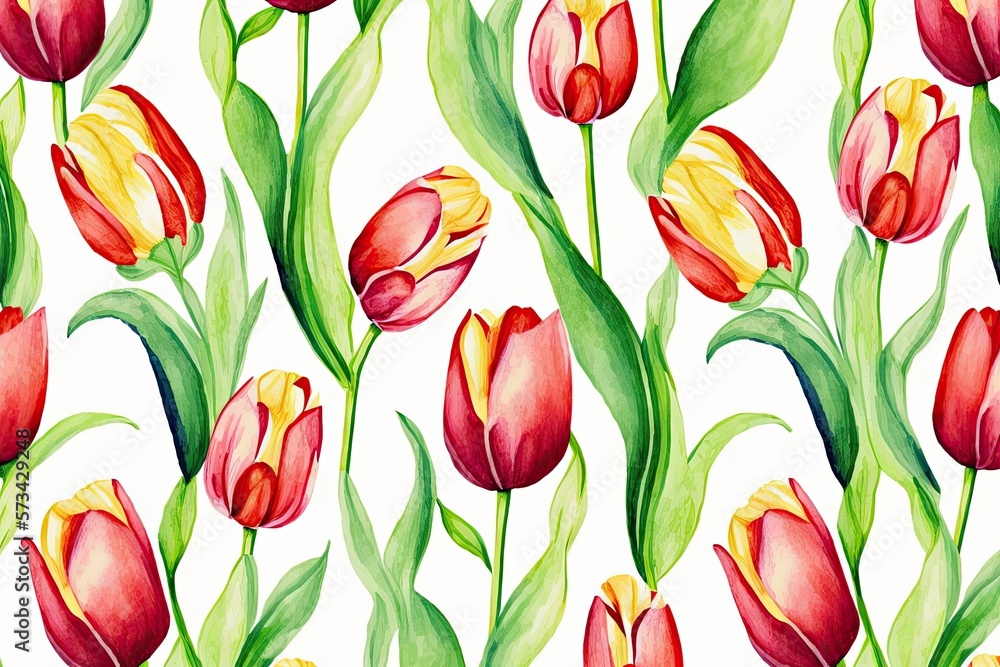 Obraz premium Generative AI. Flower pattern with tulips, pastel watercolor Illustration