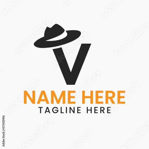 Letter V Gentlemen Hat Logo Design  Concept With Cowboy Hat Icon Template