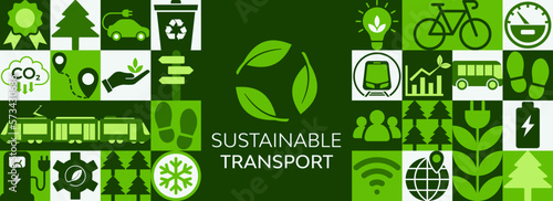 New mobility / sustainable transportation vector. E-mobility, urban, alternative or public transportation by rail, tram/bike, city infrastructure, commute, carbon emission reduction. Vector banner. photo
