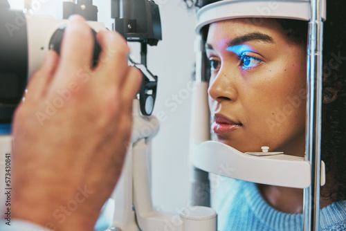 Ophthalmology, healthcare and eye exam with black woman and consulting for vision, medical and glaucoma check. Laser, light and innovation with face of patient and machine for scanning and optometry