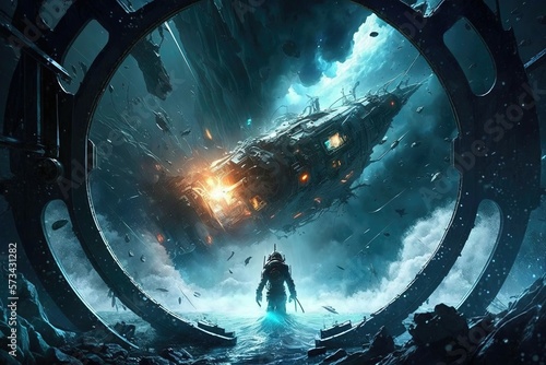 Fototapeta Naklejka Na Ścianę i Meble -  The spaceship hurtled through a maelstrom of cosmic debris and explosion. Generative AI