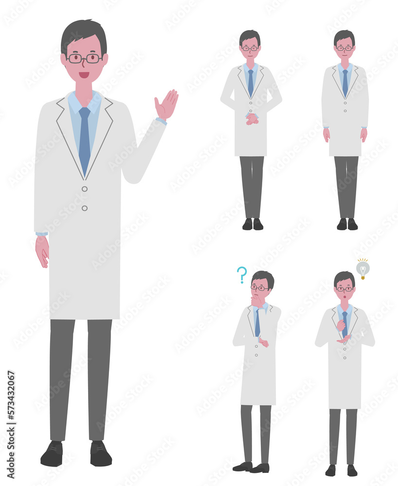 (ご案内・お辞儀・納得をする・疑問に思う)白衣を着た男性(医者か研究員)のイラストセット (ご案内・お辞儀・納得をする・疑問に思う)白衣を着た男性(医者か研究員)のイラストセット