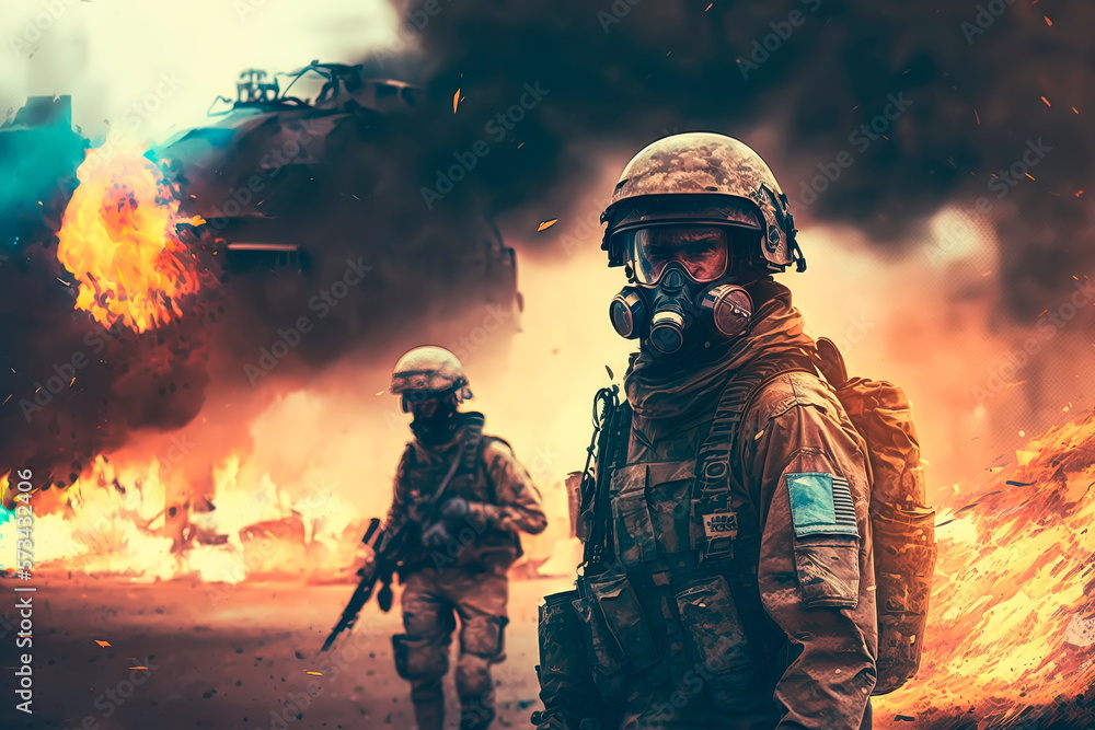 Special forces soldier in action heavy explosions, shooting. Generative AI Special forces soldier in action heavy explosions, shooting. Generative AI