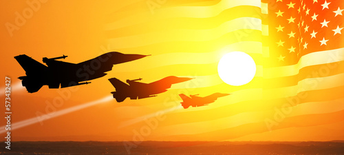 Group of aircraft fighter jet airplane. USA flag. Air force day. 3d illustration