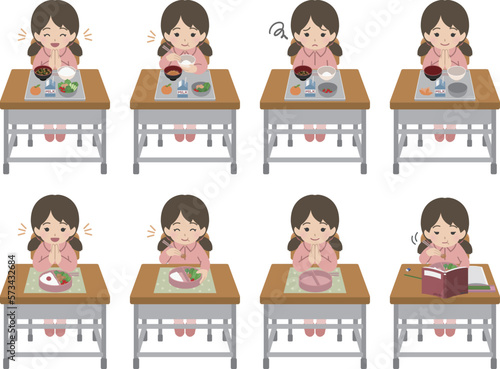 学校でご飯を食べる女児セット