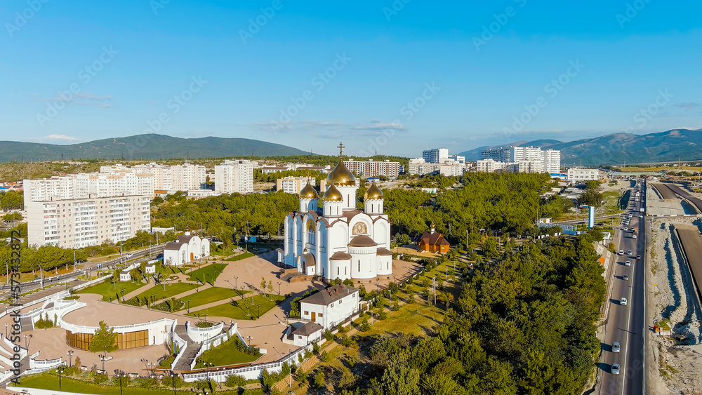 Gelendzhik, Russia. Cathedral of St. Andrew the First-Called. The text along the M4-Don Highway is translated: Glory to Russia, Kuban-Pearl of Russia, Aerial View