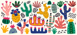 Hand drawn abstract cacti flowers flat icons set. Drawing exotic floral design ornaments. Botanical creative painting