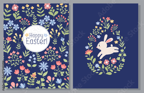 Easter cards set. Big Easter egg with cute bunny and and pattern of colorful flowers. Vector illustration. Two modern vertical paschal posters in flat style on blue background.