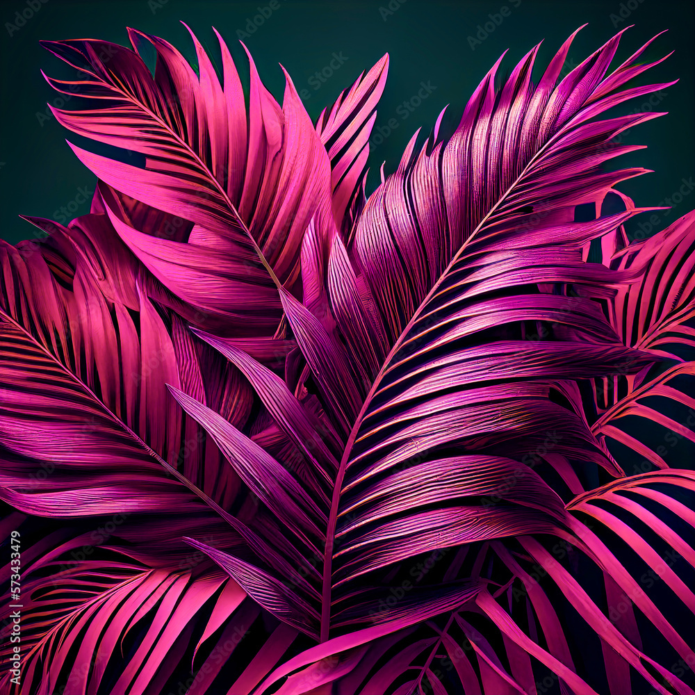 Obraz premium Summer party plant, neon vivid background, exotic fresh viva magenta palm leaves. Tropical exotic flat lay minimal background. Illustration. Generative AI.
