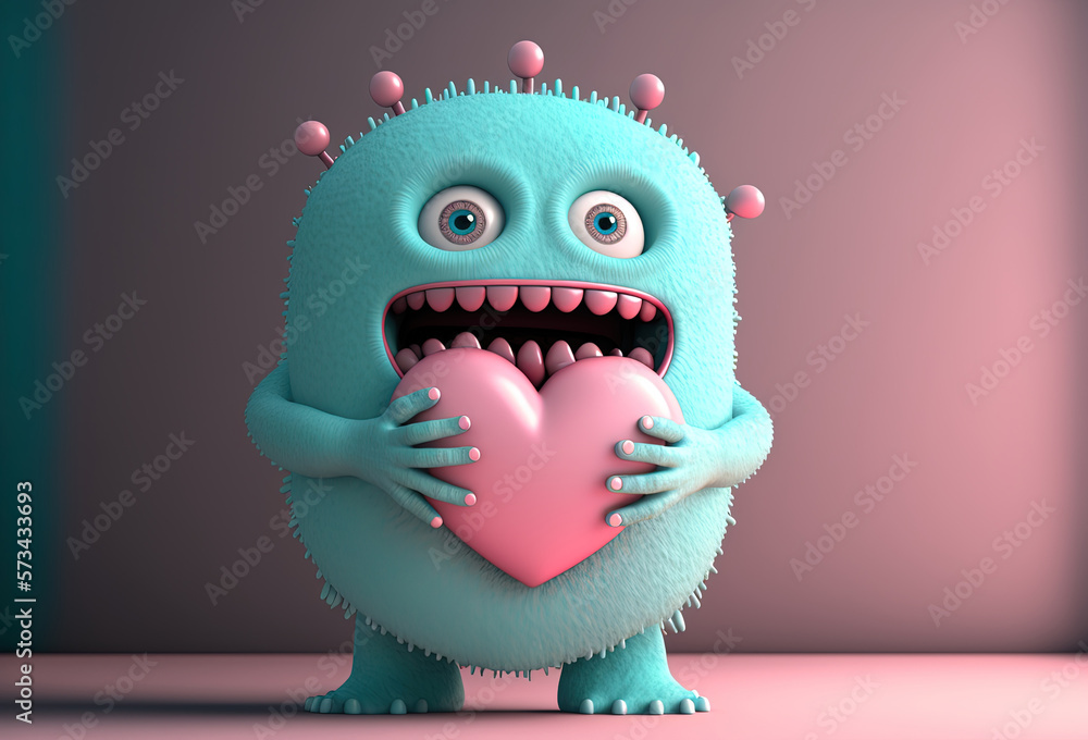 3D character is a cute monster holding a heart. Funny toothy alien gives heart, confesses his love on pastel background. AI generated 3D character is a cute monster holding a heart. Funny toothy alien gives heart, confesses his love on pastel background. AI generated