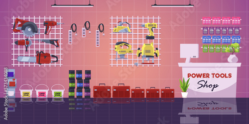 Hardware store interior, cartoon flat vector illustration.