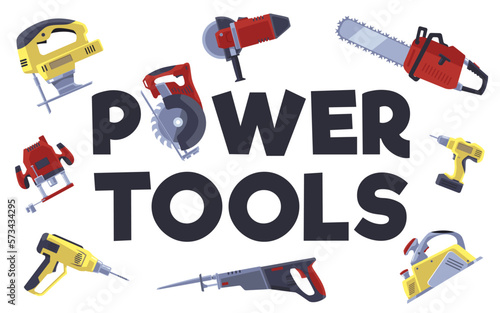 Set of professional yellow and red power tools flat style