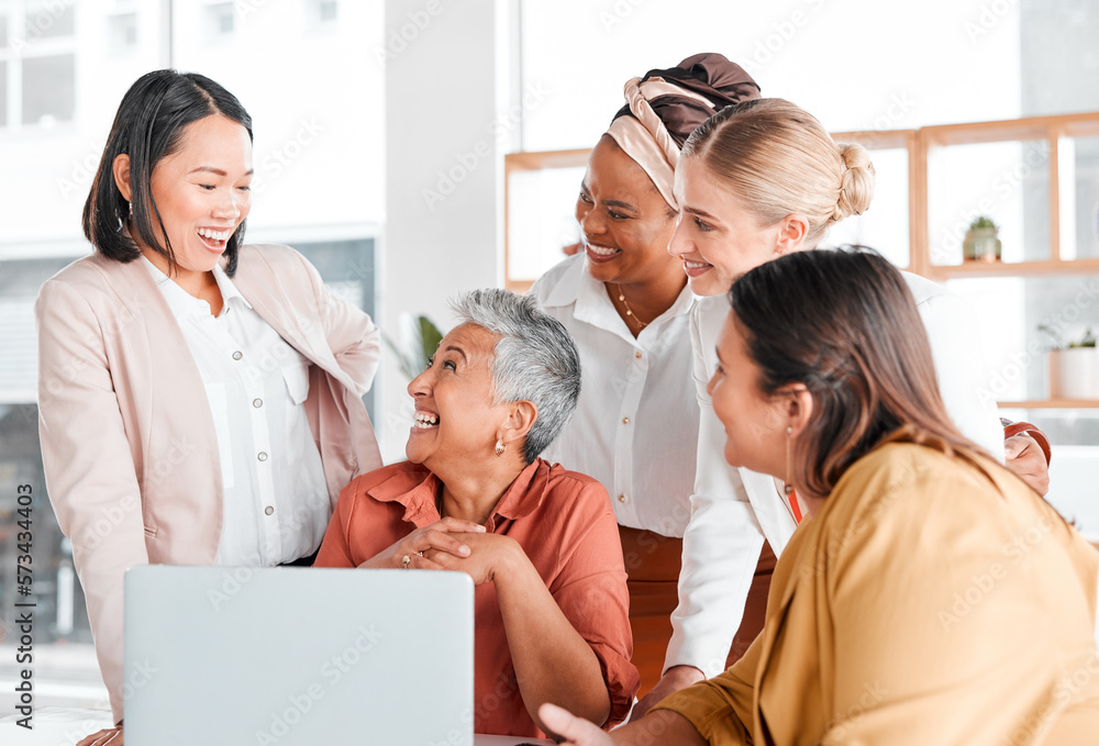 Happy, success or business people in meeting for company growth, strategy review or teamwork in office. Group of startup women, diversity or friends with smile laughing, happiness or comic joke. Happy, success or business people in meeting for company growth, strategy review or teamwork in office. Group of startup women, diversity or friends with smile laughing, happiness or comic joke.